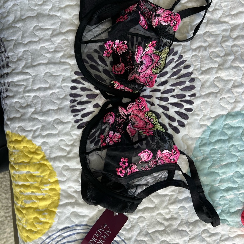 Adore Me Black Sheer Bra with Pink Floral Design